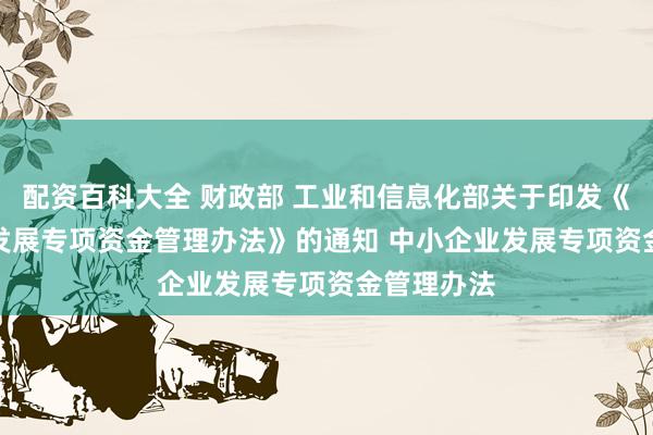 配资百科大全 财政部 工业和信息化部关于印发《中小企业发展专项资金管理办法》的通知　　 中小企业发展专项资金管理办法